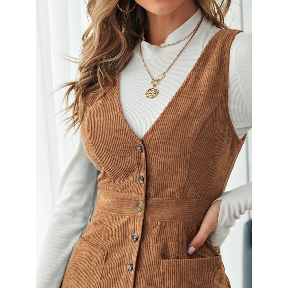 Button down Corduroy Overall mini tank Dress (without shirt) tan camel - Picture 3 of 11